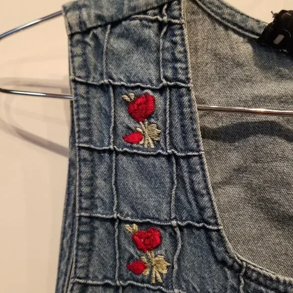 Vintage 90's NEW Denim Dress Embroidered Roses Floral Faux Wrap Button Size M - Picture 7 of 16